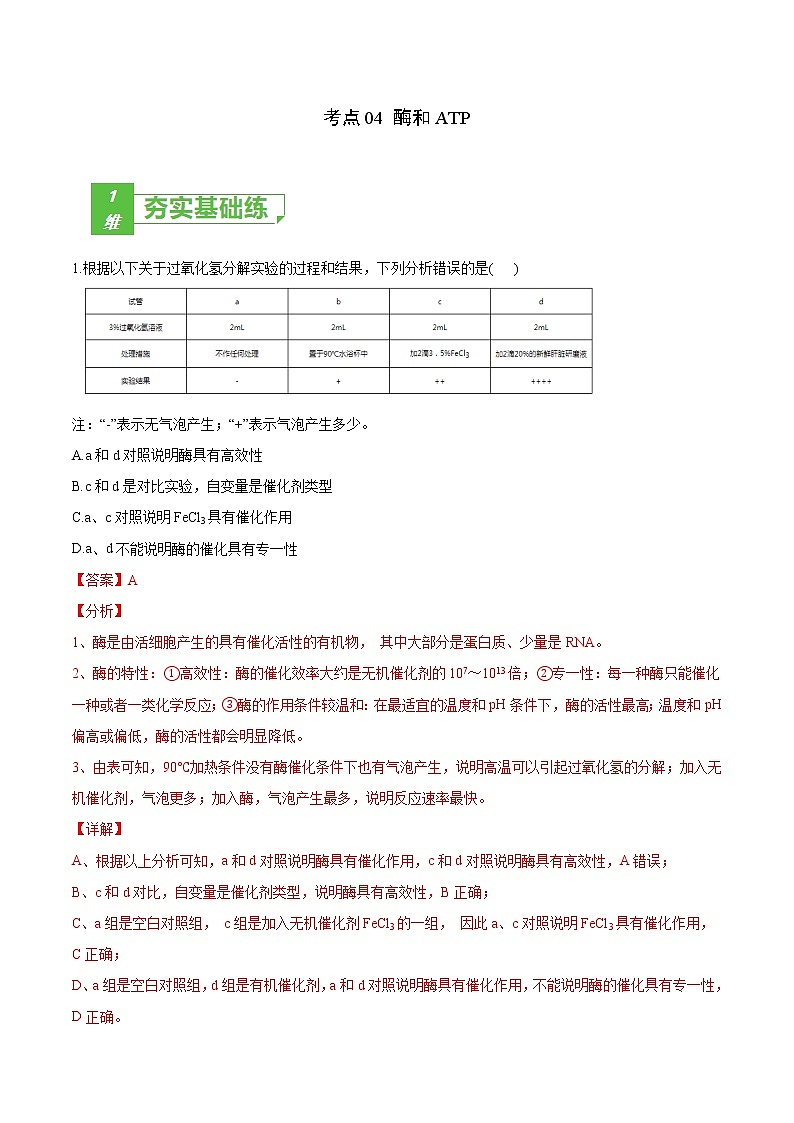 高中生物考点04 酶和ATP-2022年高考生物一轮复习小题多维练(新高考专用)(有答案)01
