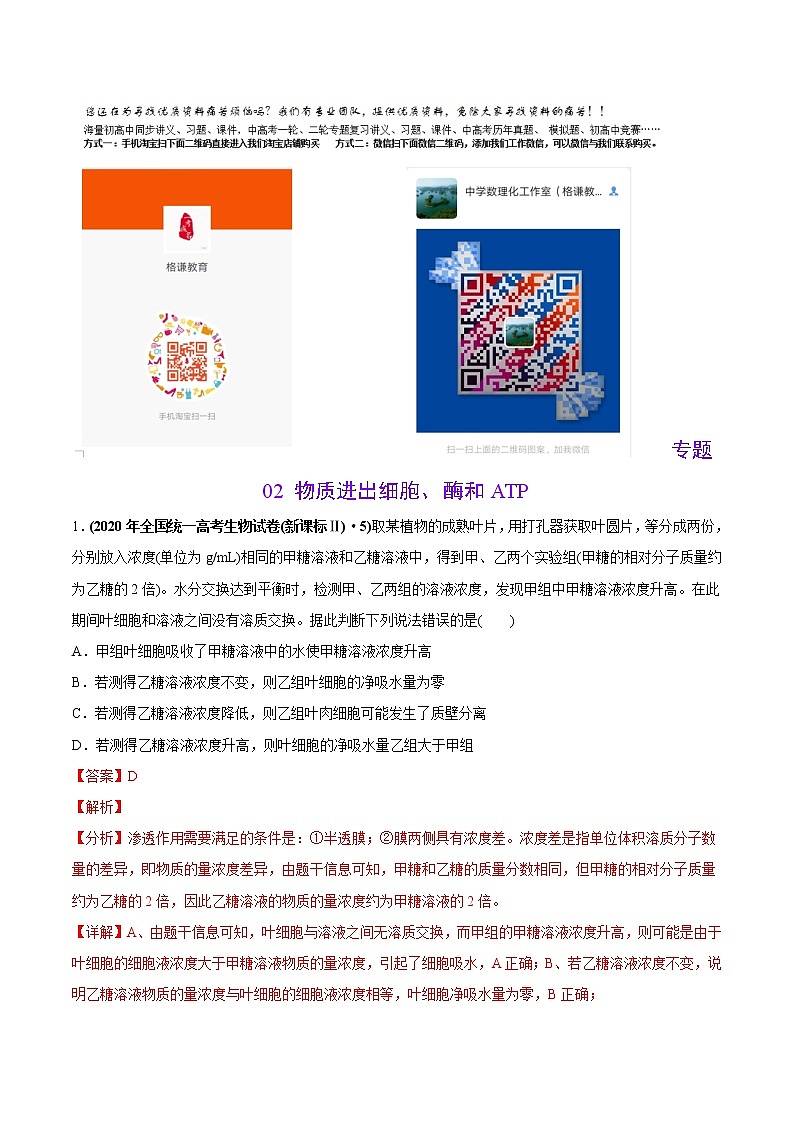 高中生物专题02 物质进出细胞、酶和ATP-2020年高考真题和模拟题生物分项汇编(教师版含解析)第1页
