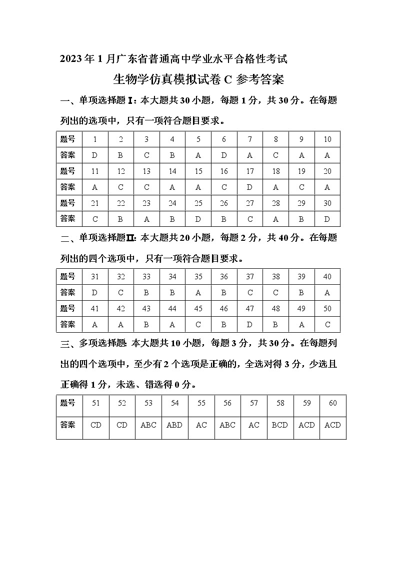 2023年1月广东省普通高中学业水平生物合格性考试C(参考答案)第1页