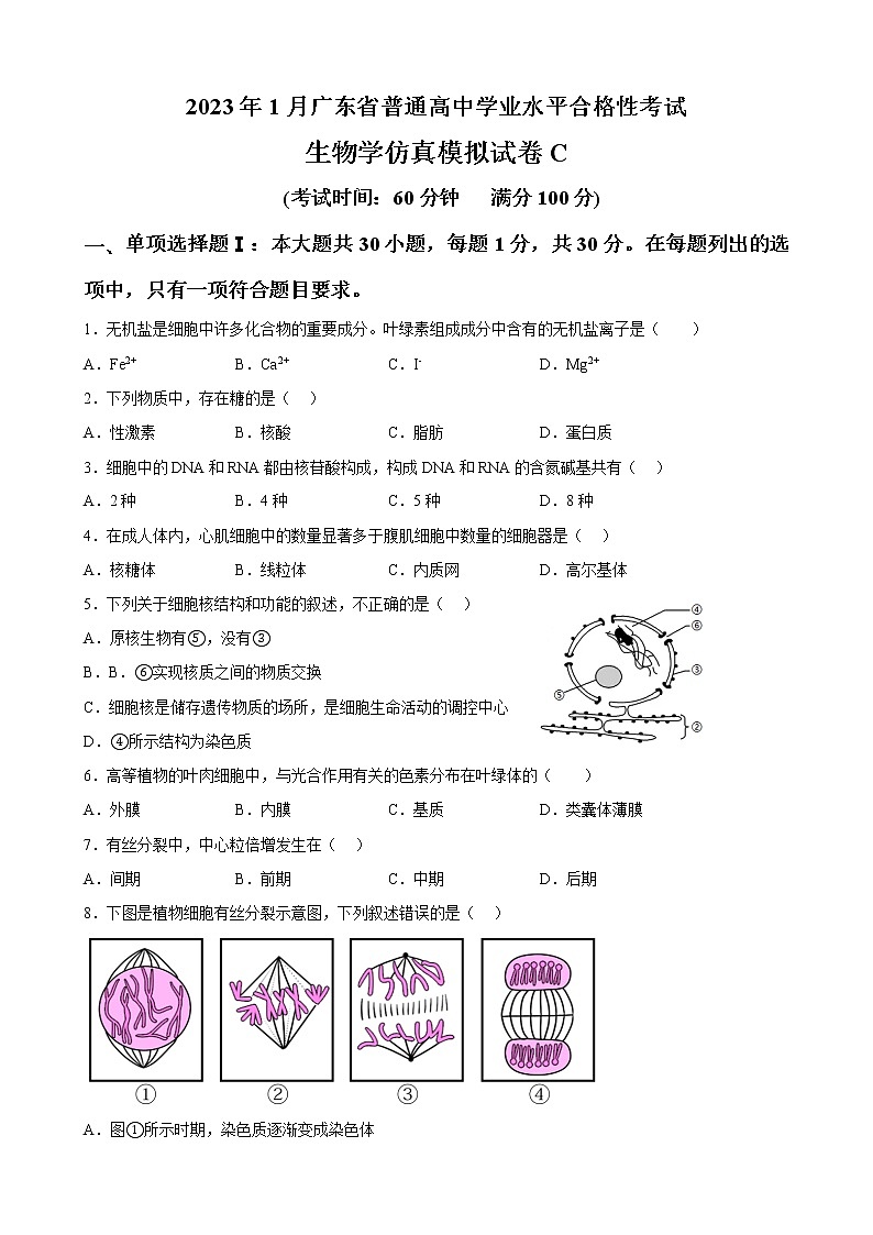2023年1月广东省普通高中学业水平生物合格性考试C(考试版)第1页