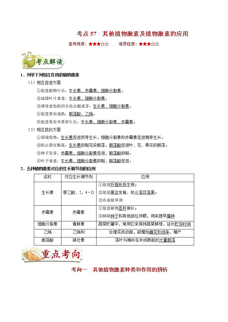 高中生物考点57 其他植物激素及植物激素的应用-备战2022年高考生物考点一遍过第1页