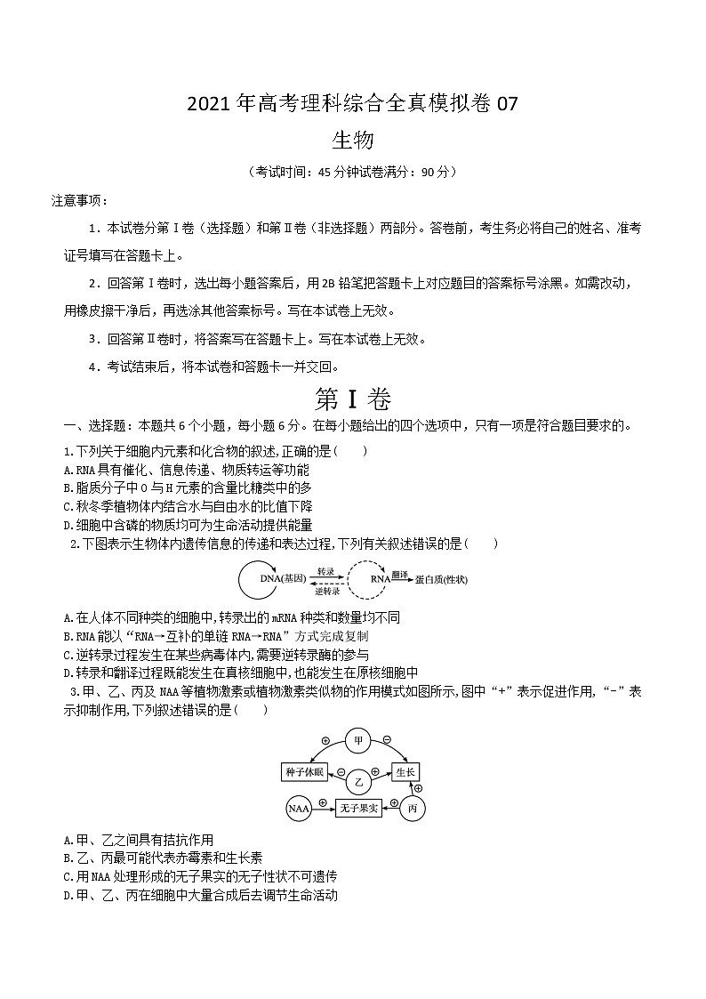 高中生物模拟卷07-【战高考】2021年高考理科综合生物全真模拟卷(无答案)第1页