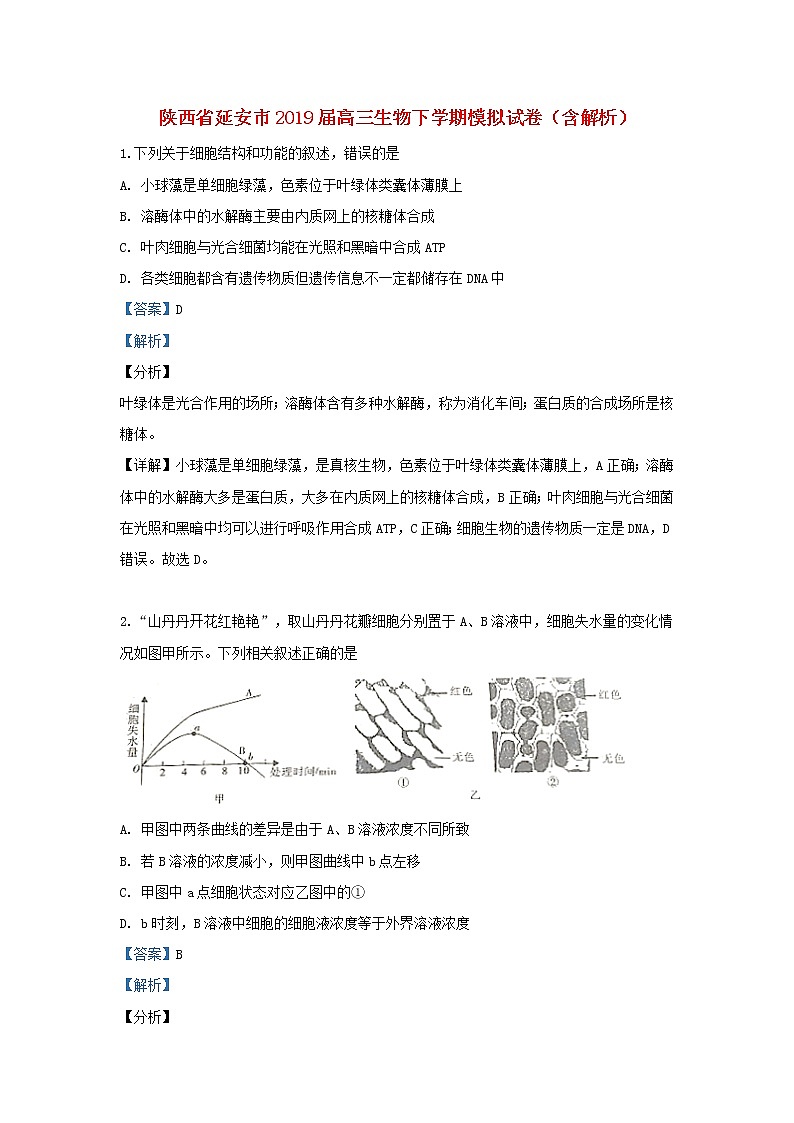 高中生物陕西省延安市2019届高三生物下学期模拟试卷(含解析)第1页