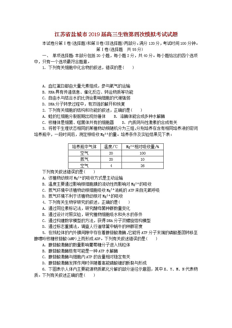 高中生物江苏省盐城市2019届高三生物第四次模拟考试试题01