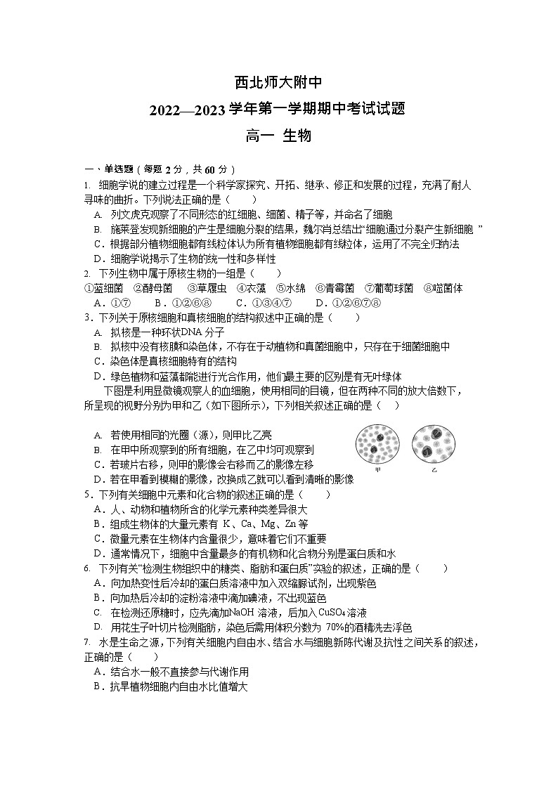 2023兰州西北师大附中高一上学期期中考试生物试卷缺答案第1页