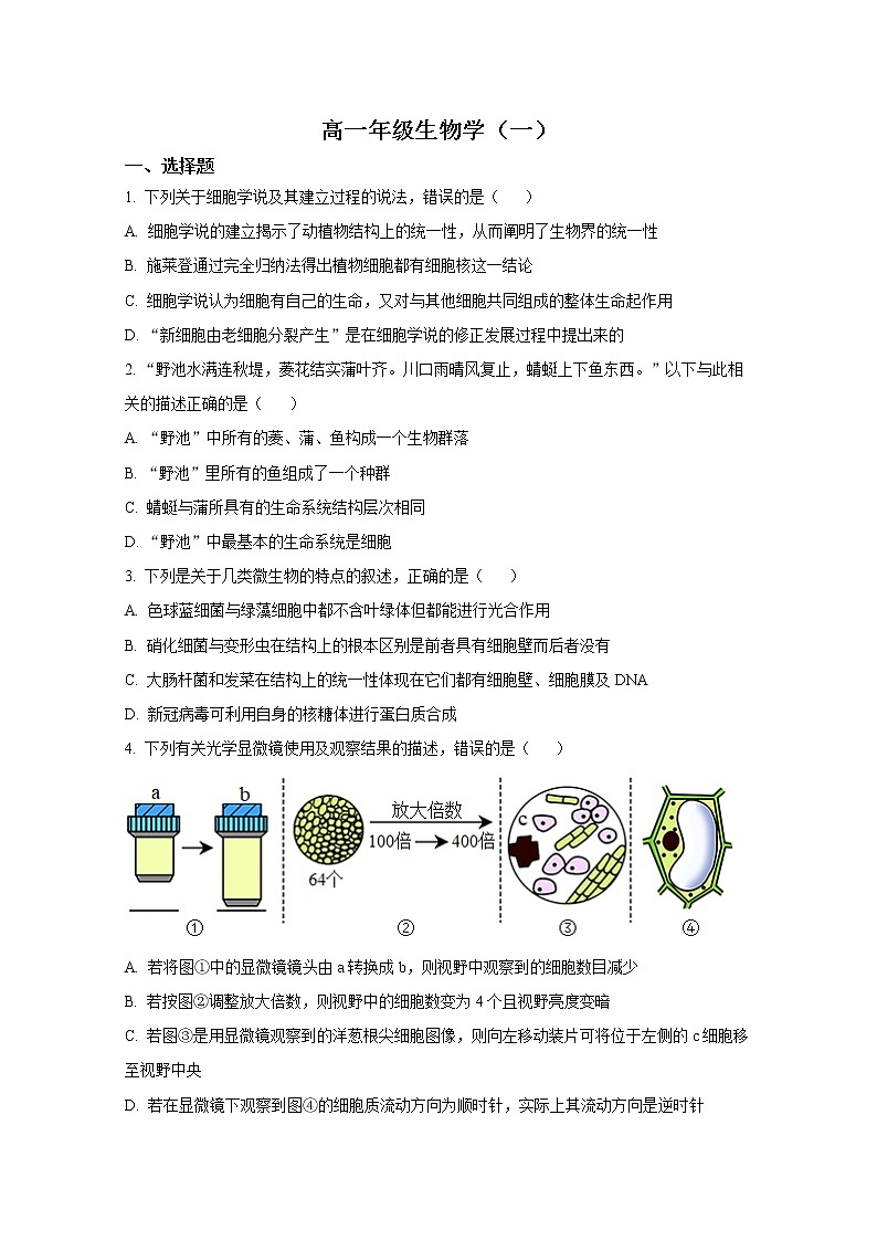 天津市河西区2022-2023学年高一生物上学期期中考试试题(Word版附答案)01