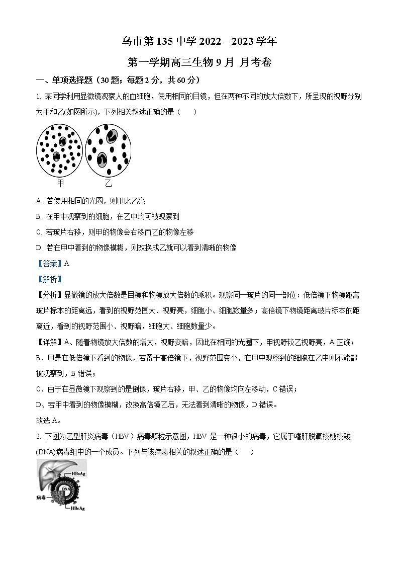 新疆乌鲁木齐市第135中学2022-2023学年高三9月月考生物试题含解析第1页