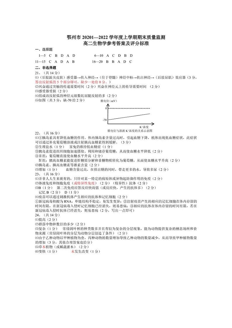 湖北省鄂州市2021-2022学年高二上学期期末质量监测生物试题答案第1页