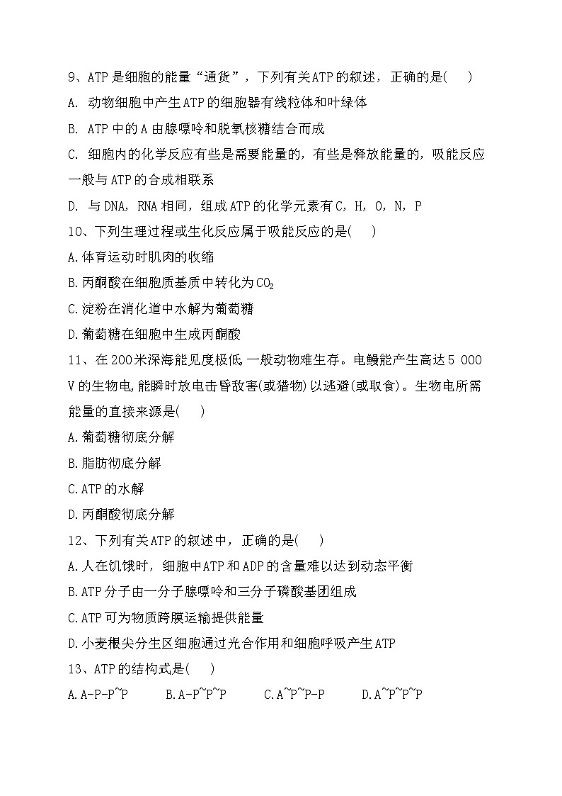 《细胞的能量“货币”ATP》同步训练(附答案及解析)02