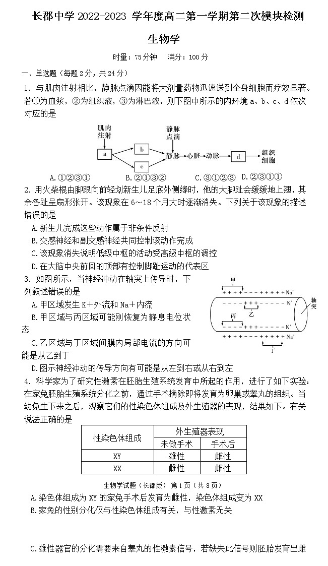 湖南省长沙市长郡中学2022-2023学年高二生物上学期第二次模块检测试题(Word版附答案)第1页