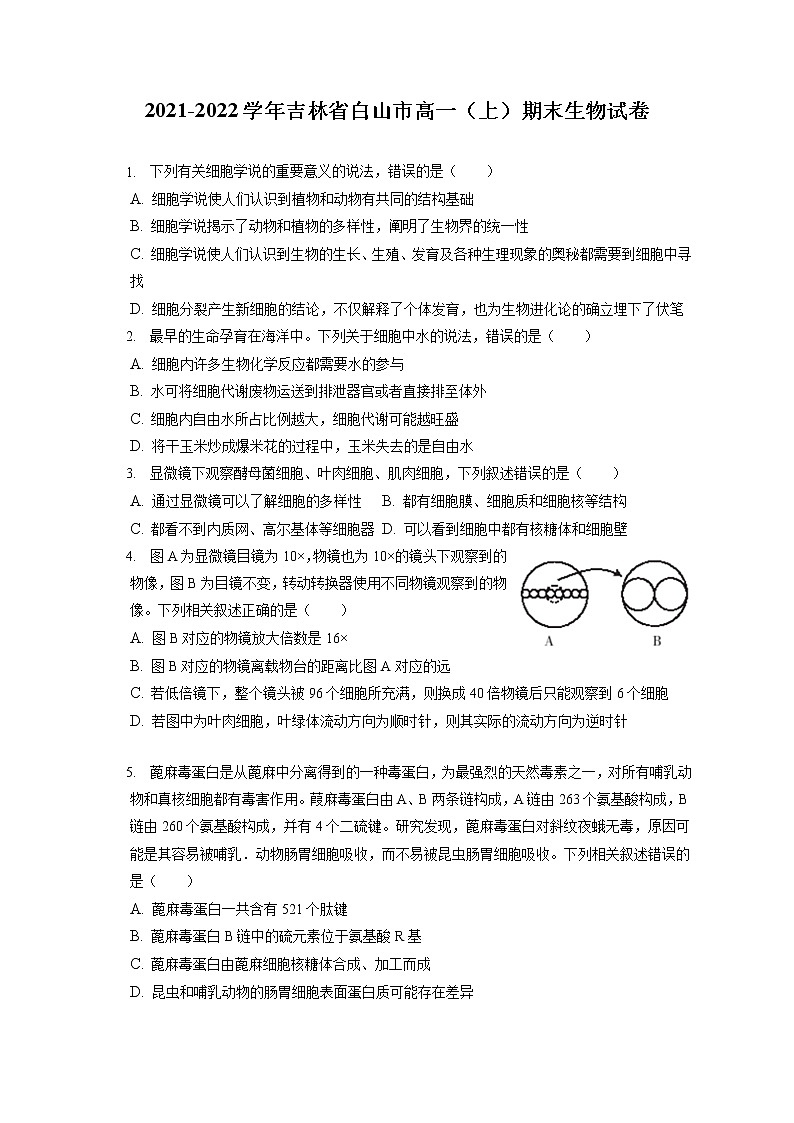 2021-2022学年吉林省白山市高一(上)期末生物试卷(含答案解析)第1页