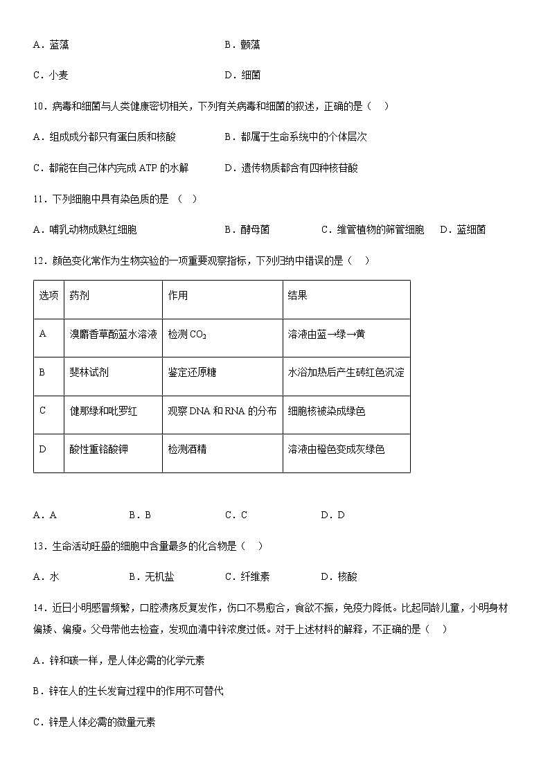 2022-2023学年新疆维吾尔自治区和田地区和田县高一上学期11月期中生物试题含答案第3页