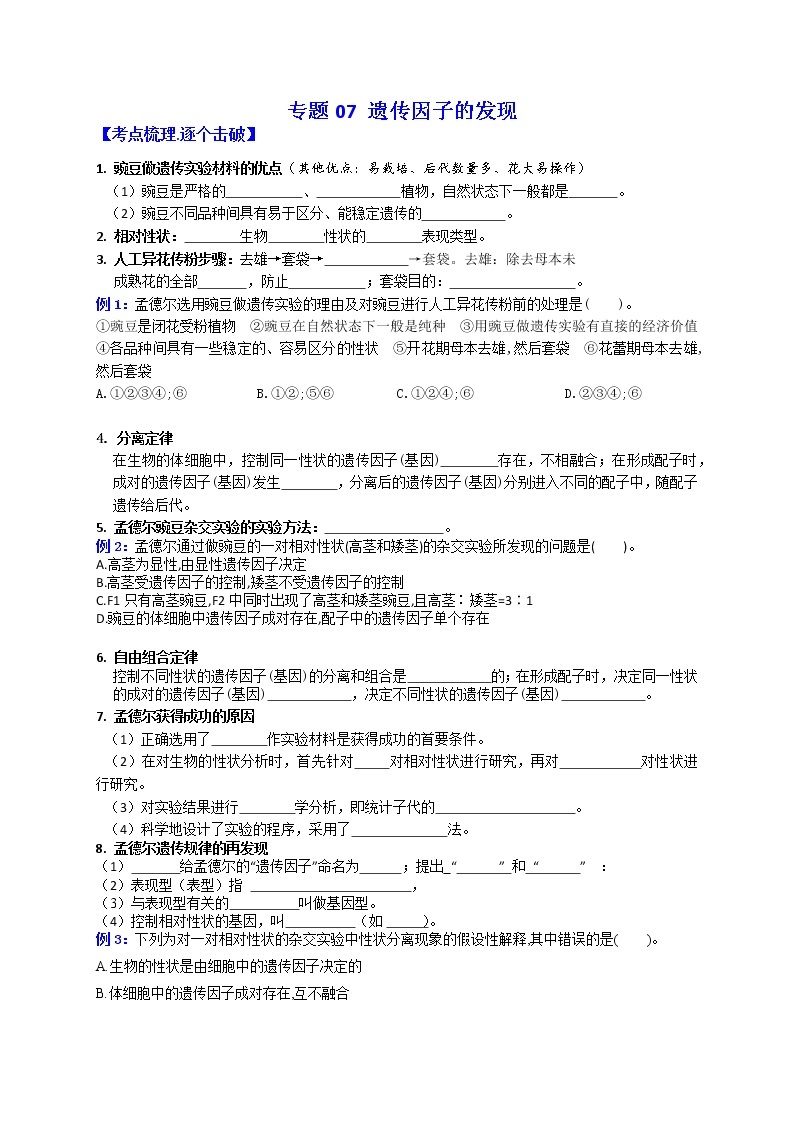 专题07 遗传因子的发现 -【考点聚焦】最新高考生物必备知识大串讲01