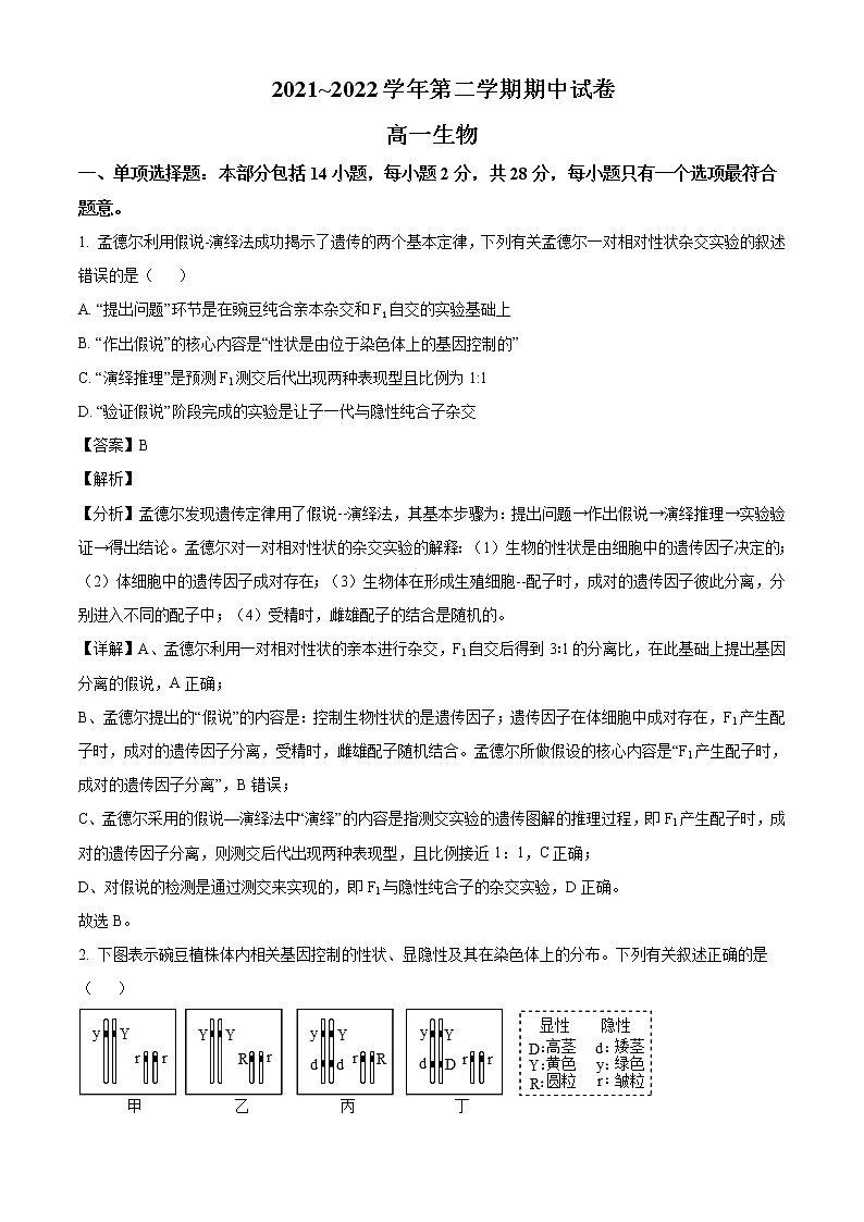 2021-2022学年江苏省常熟市高一下学期期中生物试题含答案01