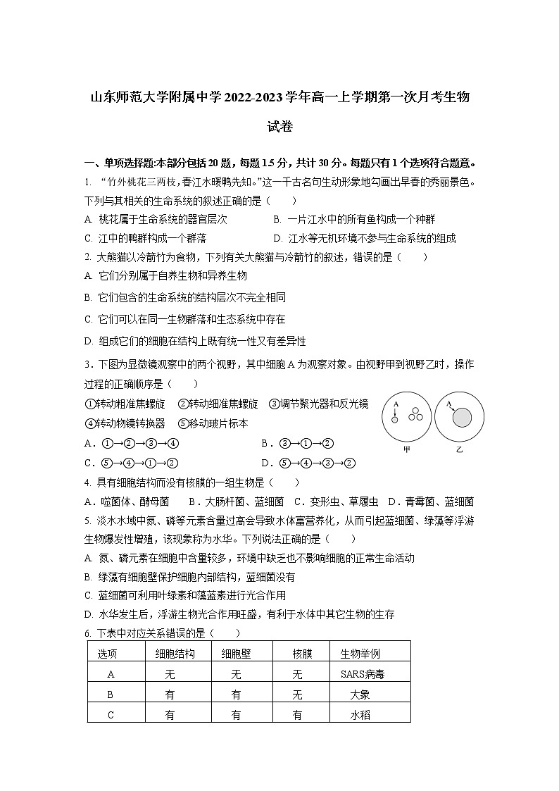 2022-2023学年山东师范大学附属中学高一上学期第一次月考生物试卷含答案第1页