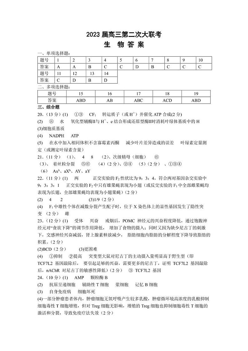 6.江苏2023高三四校联考生物试卷答案第1页