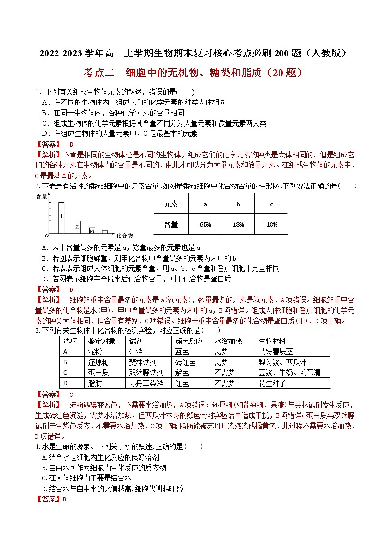 【期末考点复习】人教版(2019)生物必修1 高一上学期期末备考-考点02 细胞中的无机物、糖类和脂质(解析版)第1页