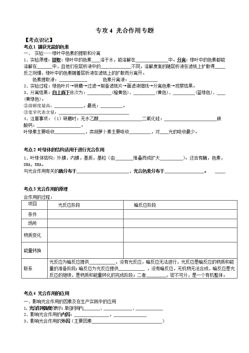 【期末考点精练】人教版(2019)高一必修1-期末专攻4 光合作用(考点识记+试题精练)(学生版)第1页