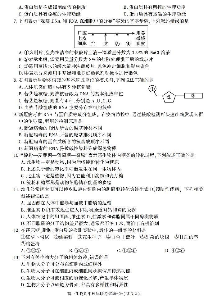 陕西省汉中市2021-2022学年高一上学期期中联考生物试题02
