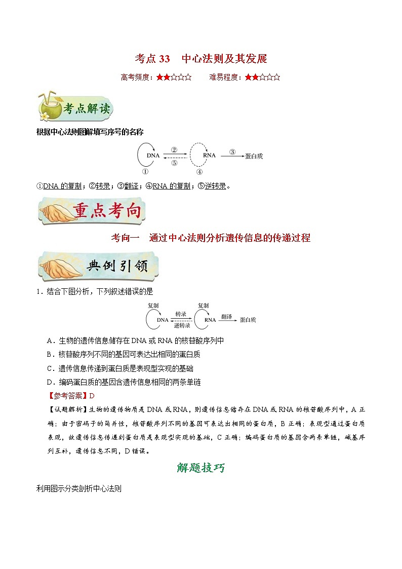 高考生物一轮复习考点一遍过考点33 中心法则及其发展(含解析)第1页