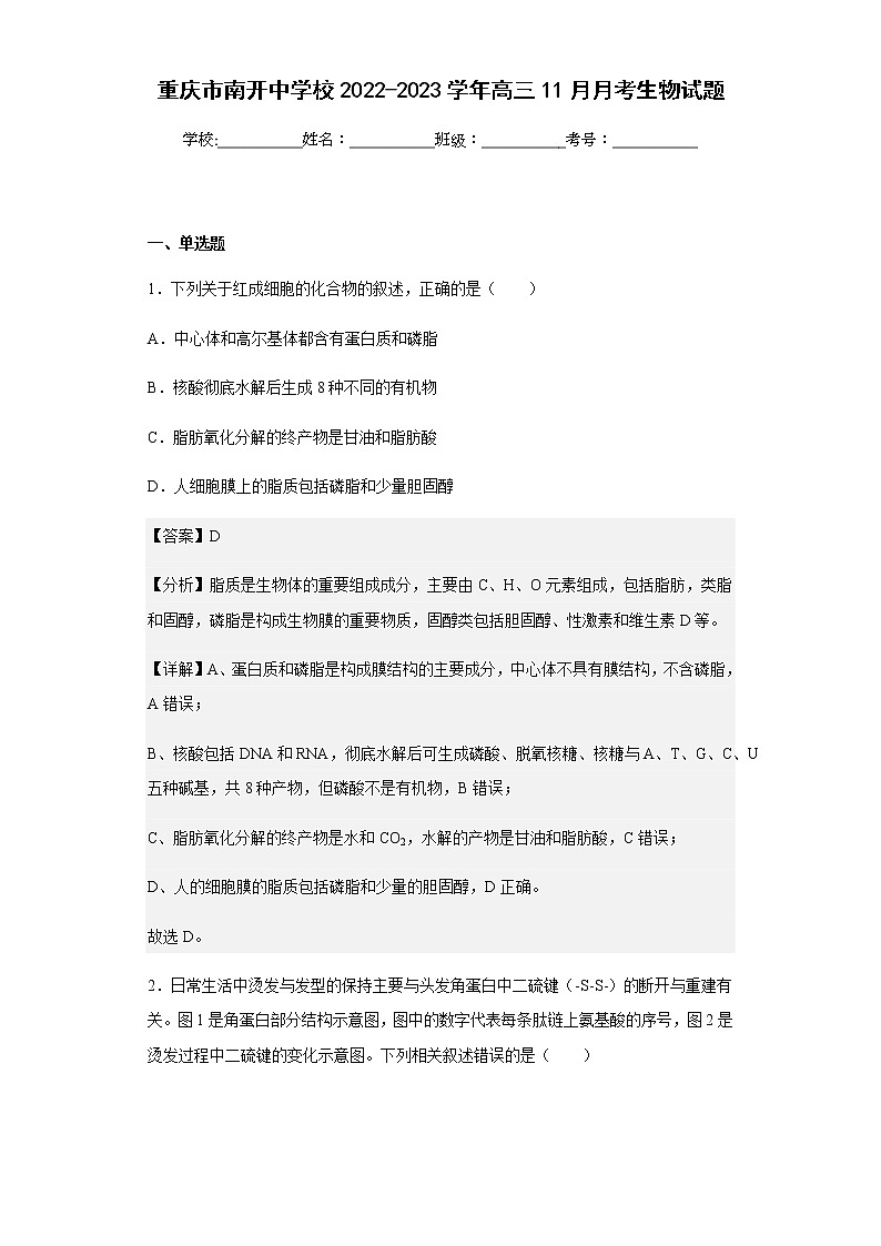 2022-2023学年重庆市南开中学校高三11月月考生物试题含解析第1页