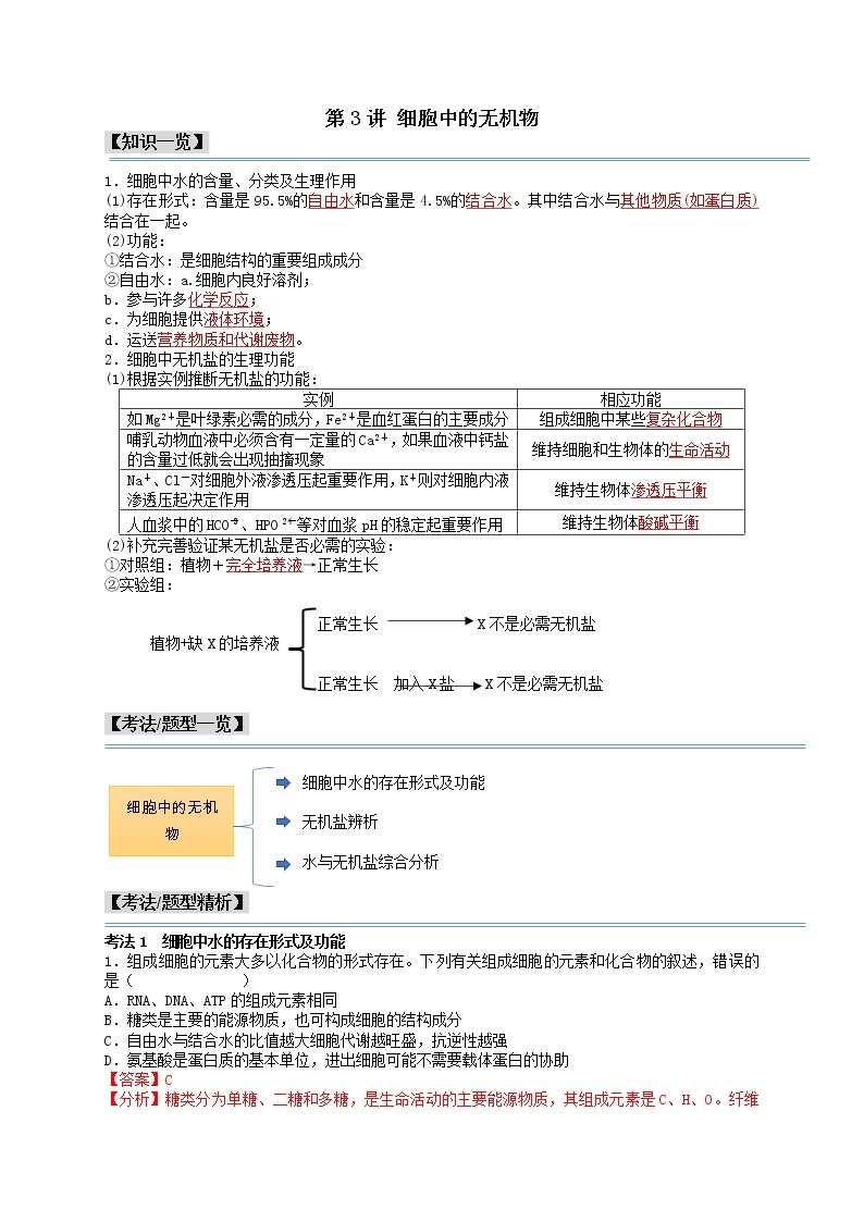 第3讲 细胞中的无机物-【分类归纳】最新高一生物考法和题型分类精讲（人教版2019必修1）01