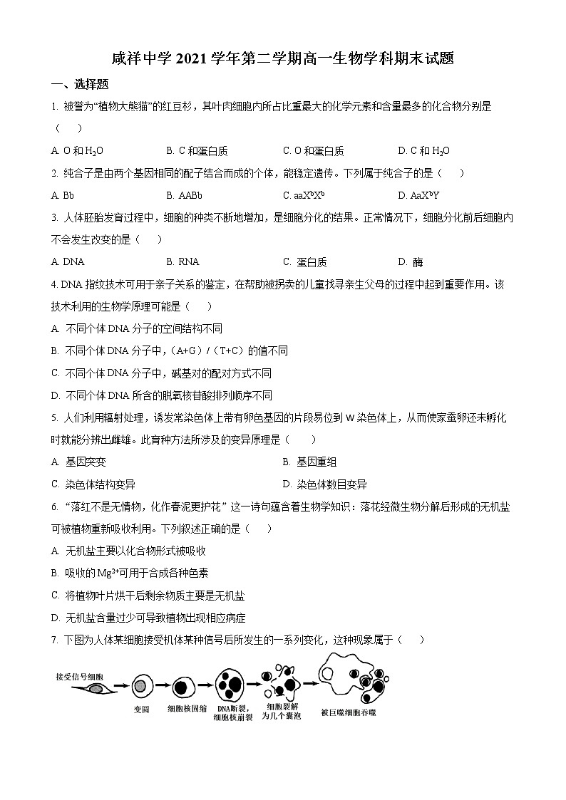 2022宁波咸祥中学高一下学期期末考试生物含解析01