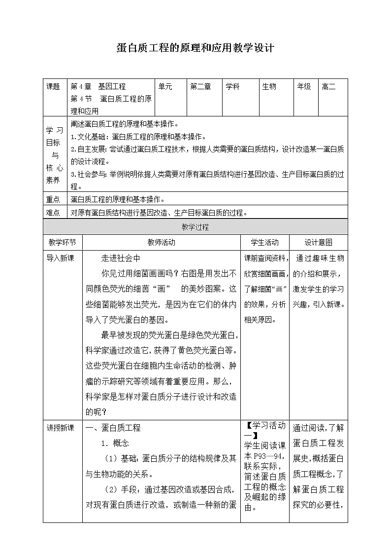 人教统编版高中生物选修三 第三章第4节 蛋白质工程的原理和应用 课件+教学设计01