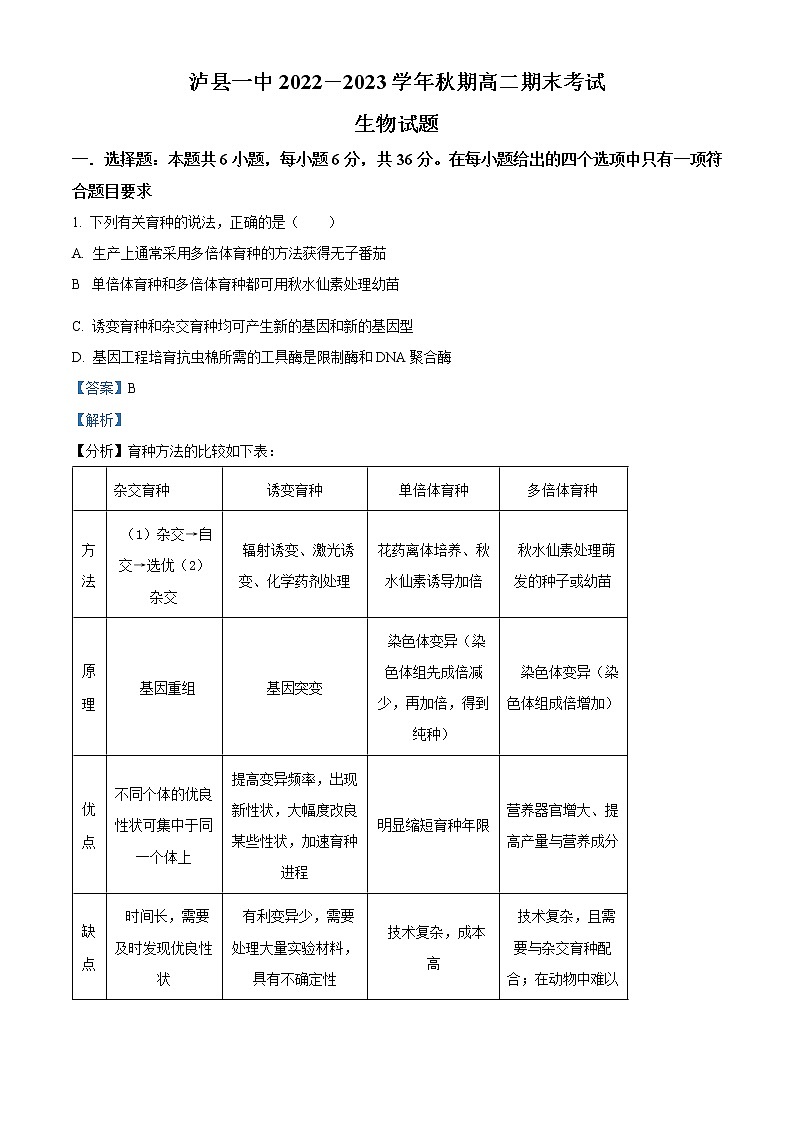 四川省泸州市泸县一中2022-2023学年高二上学期期末生物试题(解析版)第1页