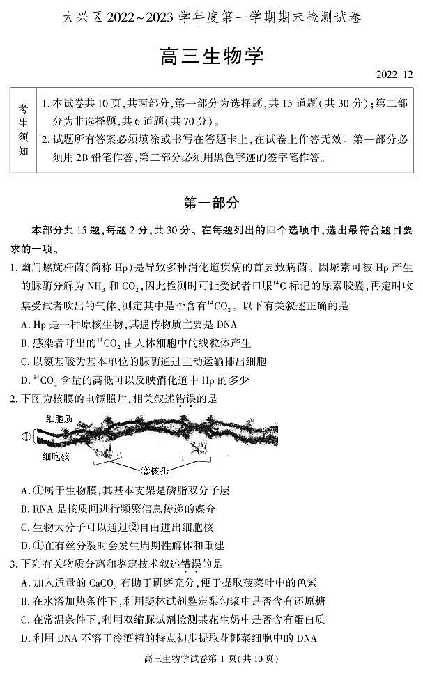 北京市大兴区2022-2023学年高三上学期期末考试生物试题(无答案)01