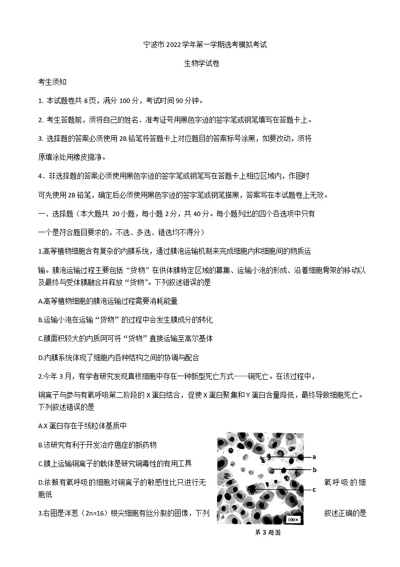 2023届浙江省宁波市高三上学期一模考试生物试题含答案01