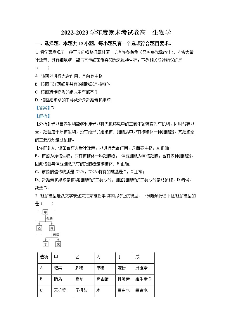 湖南省宁乡市十三中2022-2023学年高一生物上学期期末考试试卷（Word版附解析）01