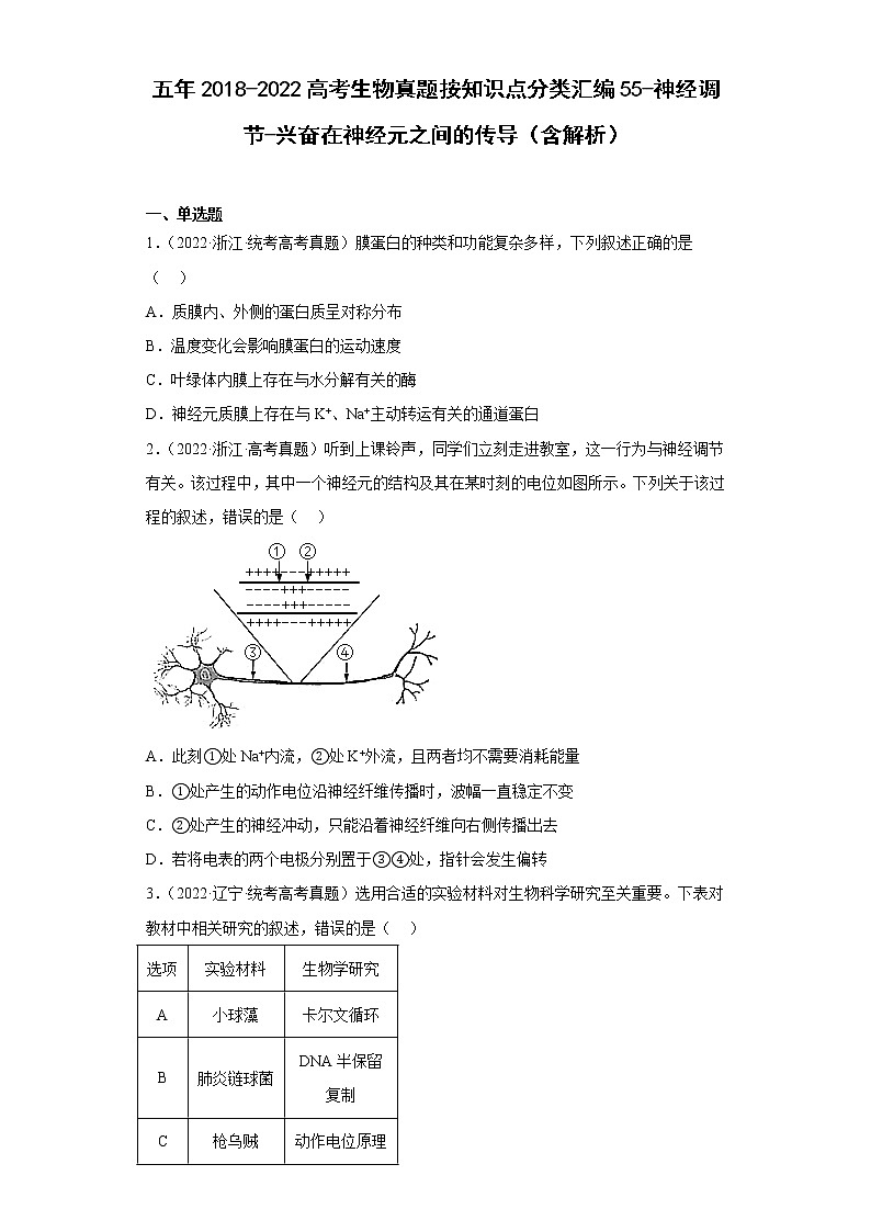 五年2018-2022高考生物真题按知识点分类汇编55-神经调节-兴奋在神经元之间的传导(含解析)第1页