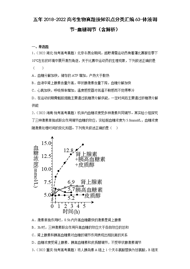 五年2018-2022高考生物真题按知识点分类汇编63-体液调节-血糖调节(含解析)第1页