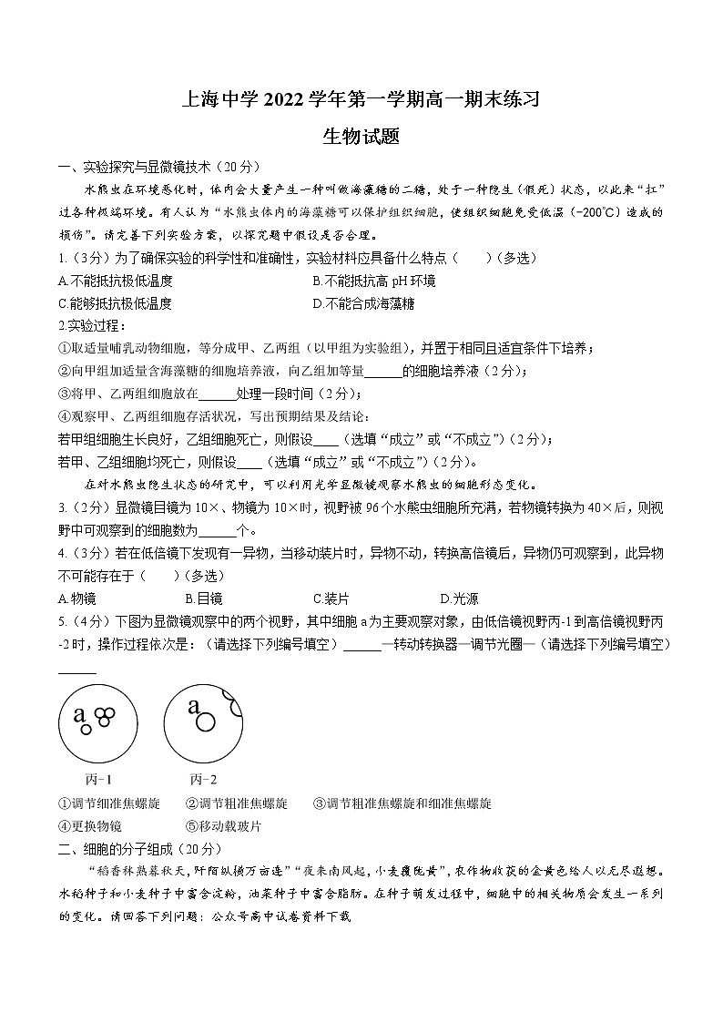2023上海市上海中学高一上学期期末练习生物试题无答案01