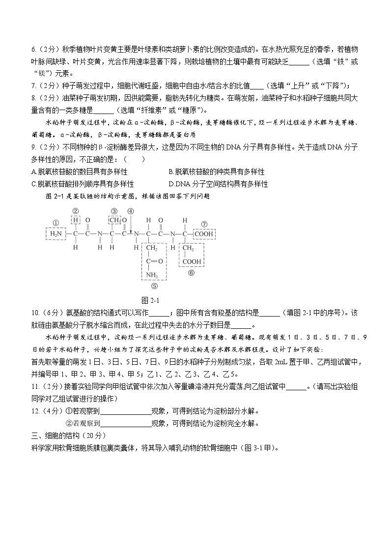 2023上海市上海中学高一上学期期末练习生物试题无答案02
