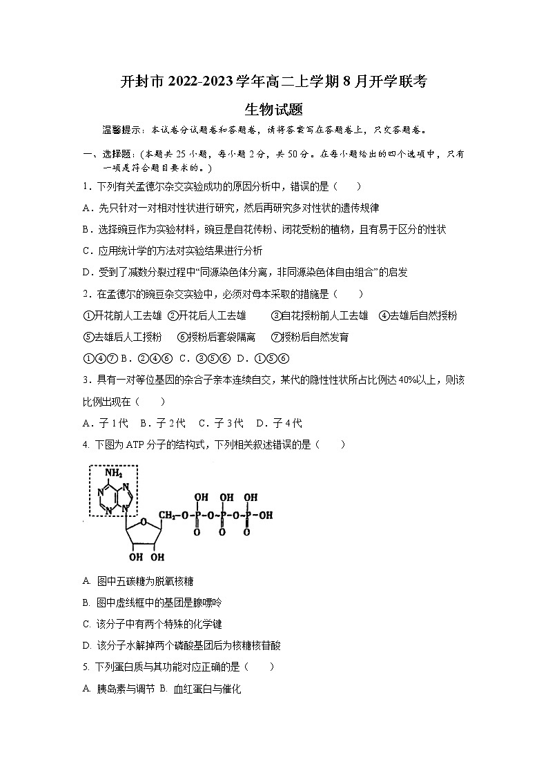 2022-2023学年河南省开封市高二上学期8月开学联考生物试题【Word版】第1页