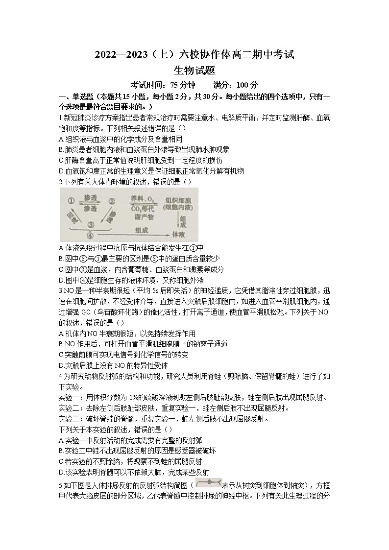 2022-2023学年辽宁省六校协作体高二上学期期中生物试题01