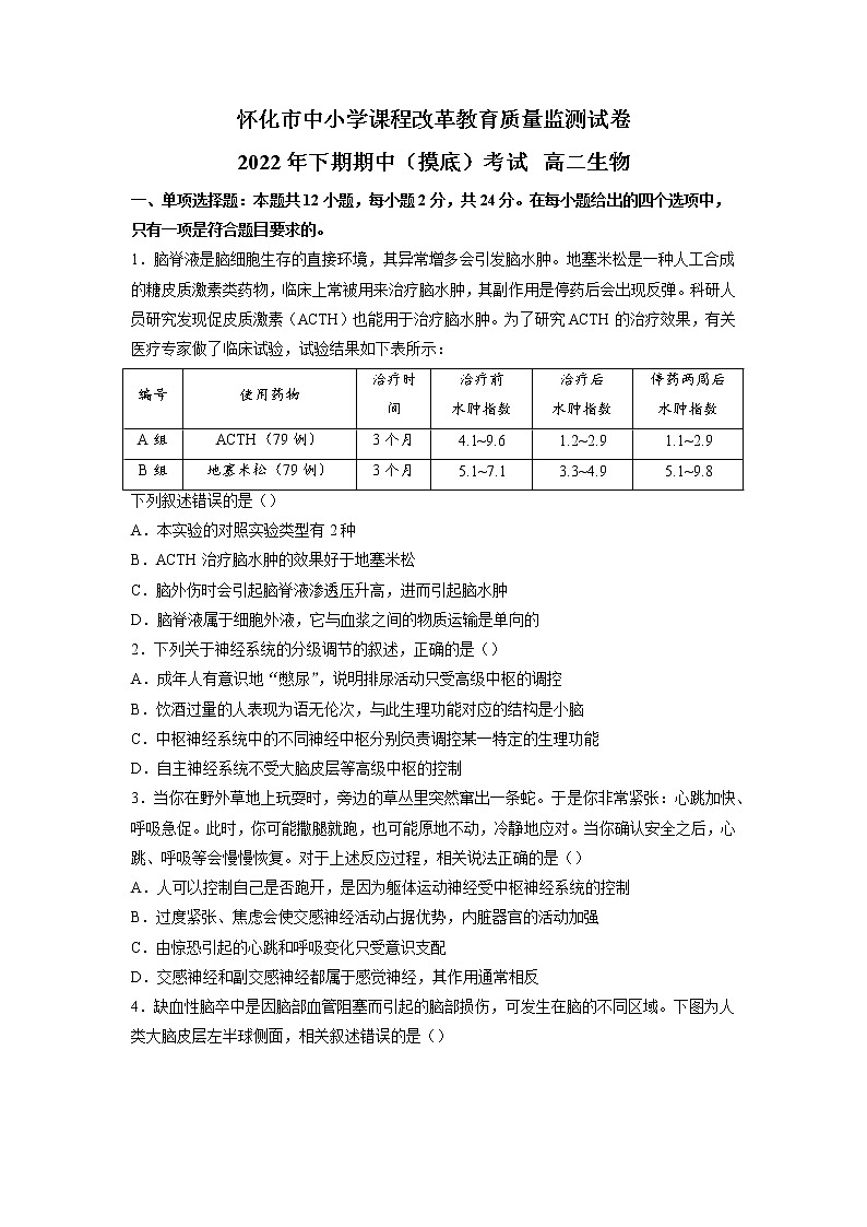 湖南省怀化市2022-2023学年高二上学期期中生物试题第1页