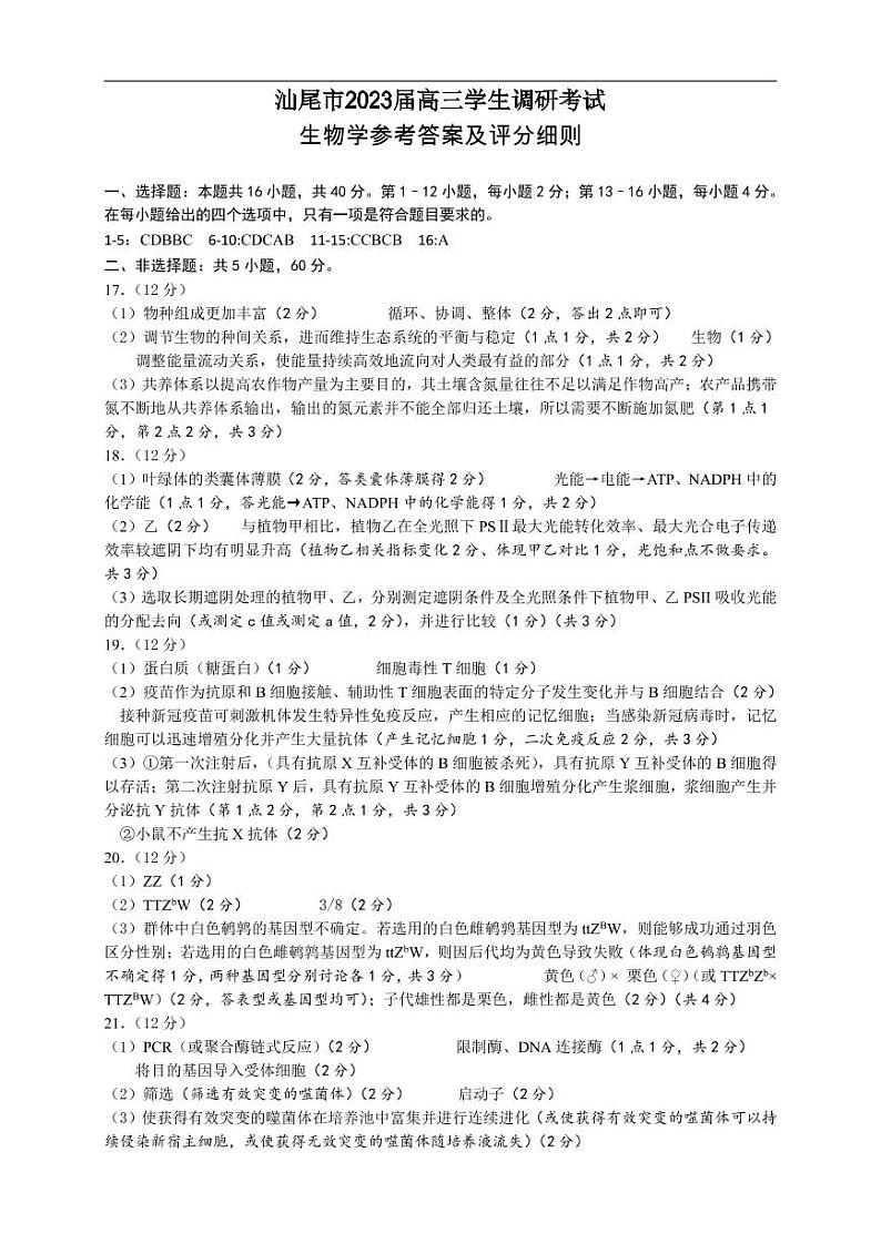 2023汕尾高三学生调研考试生物可编辑PDF版含答案01