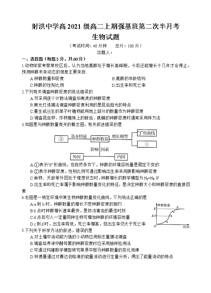 2022-2023学年四川省射洪中学强基班高二上学期第二次半月考试题 生物 Word版01