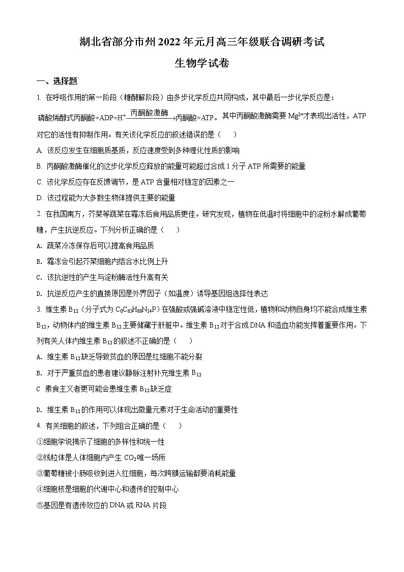 2021-2022学年湖北省荆州中学部分市州高三上学期元月期末联合调研考试生物试题(原卷 解析卷)01