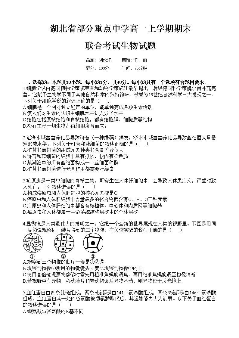 2023湖北省部分重点中学高一上学期期末联合考试生物试题含答案01