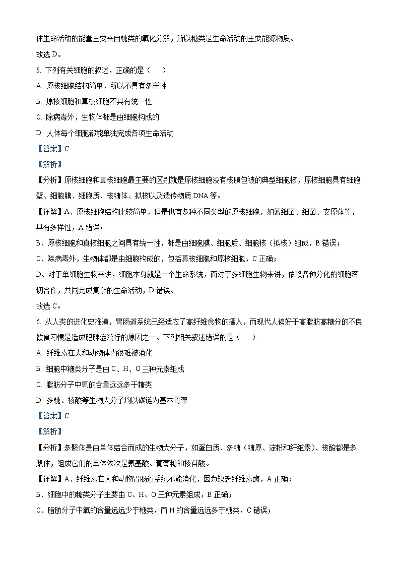 2022-2023学年上海市华东师范大学第二附属中学高一上学期期中生物试题(解析版)03