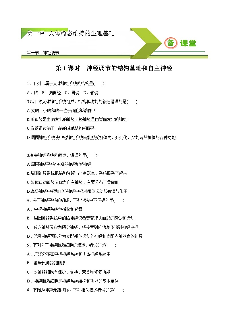 1.1.1精编神经调节的结构基础和自主神经(精编课件+同步练习)精编高二生物同步备课系列(新苏教版(2019)选择性必修1)01
