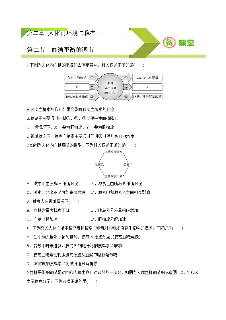 2.2 血糖平衡的调节(备作业)精编高二生物同步备课系列(新苏教版(2020)选择性必修1)(原卷版)第1页