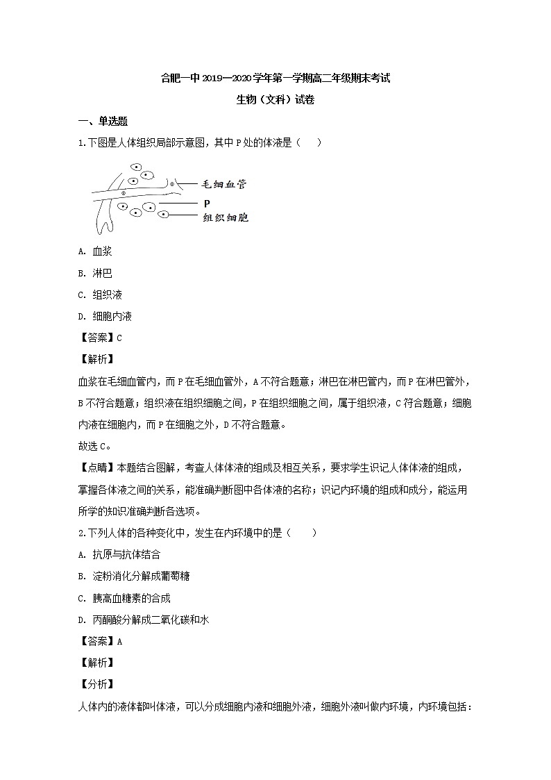 2019-2020学年安徽省合肥市一中高二上学期期末考试生物试题(文) 解析版第1页
