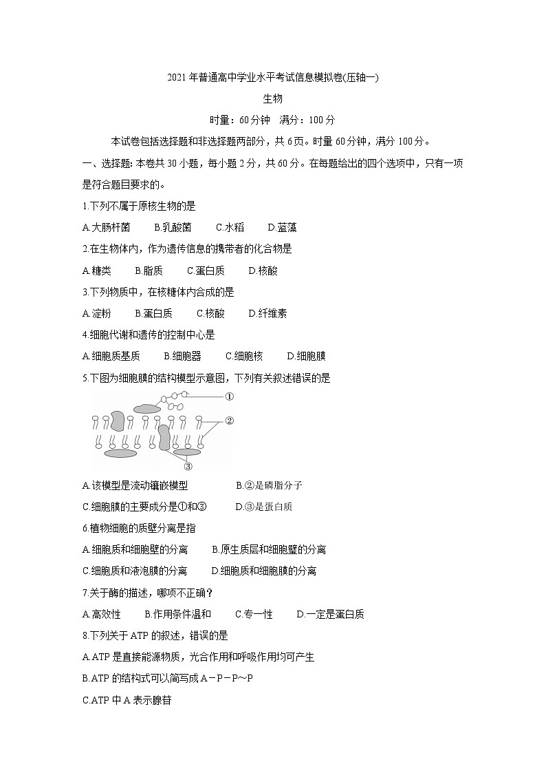 湖南省2021年6月普通高中学业水平考试信息模拟卷(压轴一) 生物 Word版第1页