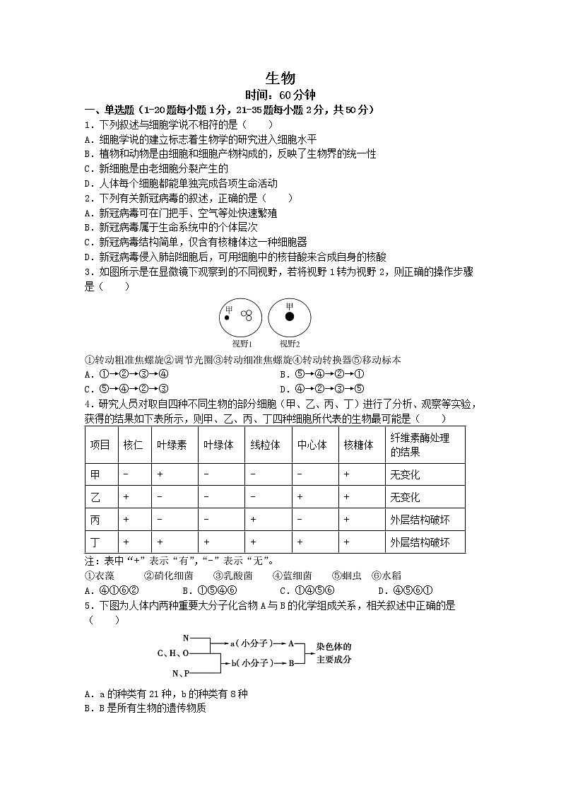 河北省石家庄四校2022-2023高一生物上学期期末联考试卷(Word版附答案)第1页