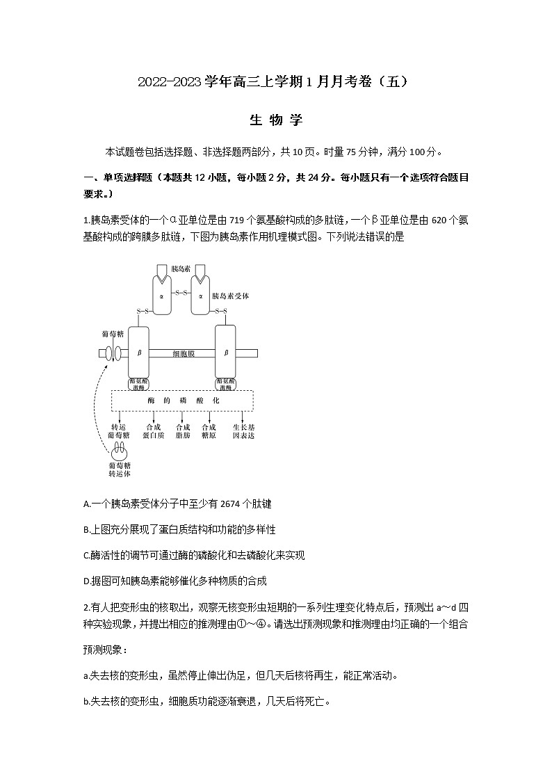 2022-2023学年湖南省长沙市雅礼中学高三上学期1月月考卷(五)生物学试题含答案第1页